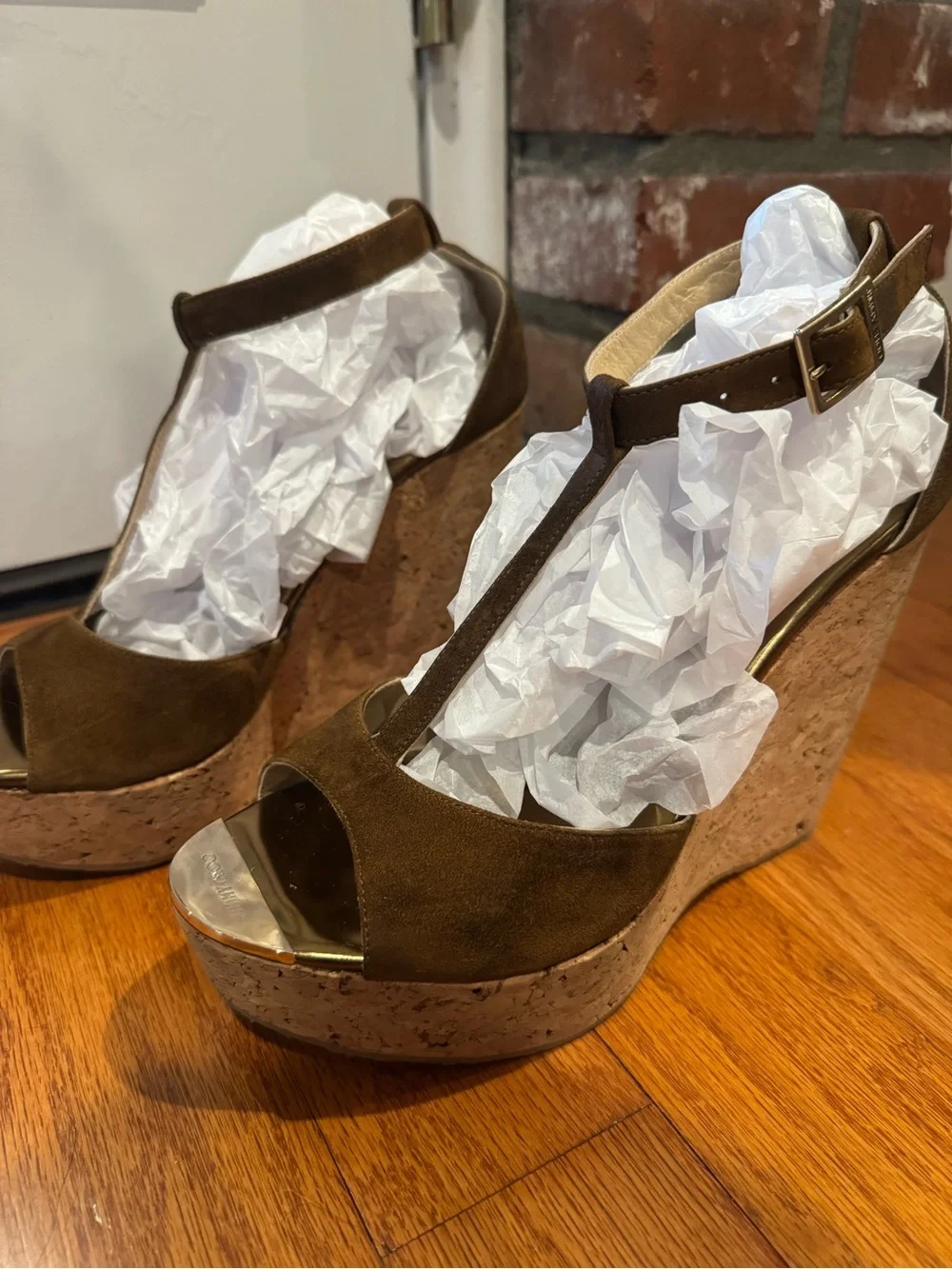 Jimmy Choo Brown Suede T-Strap Platform Sandals with Gold Accents
